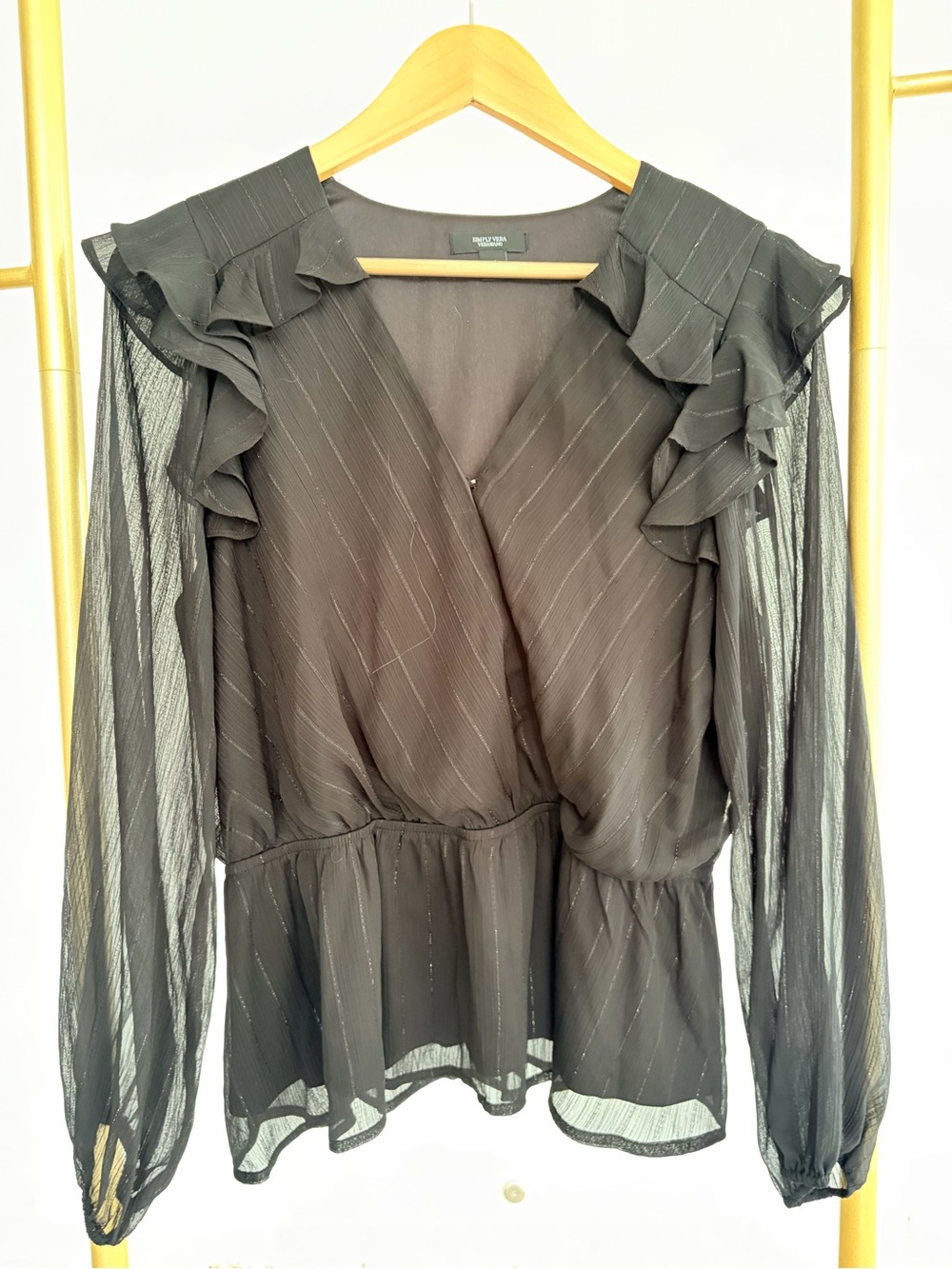 Vera Wang Black Sheer Ruffle Wrap Blouse